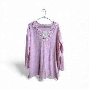 Carolyn Taylor Woman Pink Embroidered Floral V-Neck Sweater 1X NWT